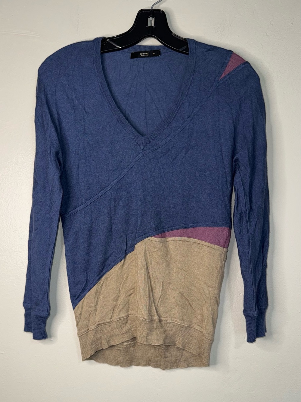 Etro Women's V-Neck Colorblock Sweater in Blue, Tan & Purple